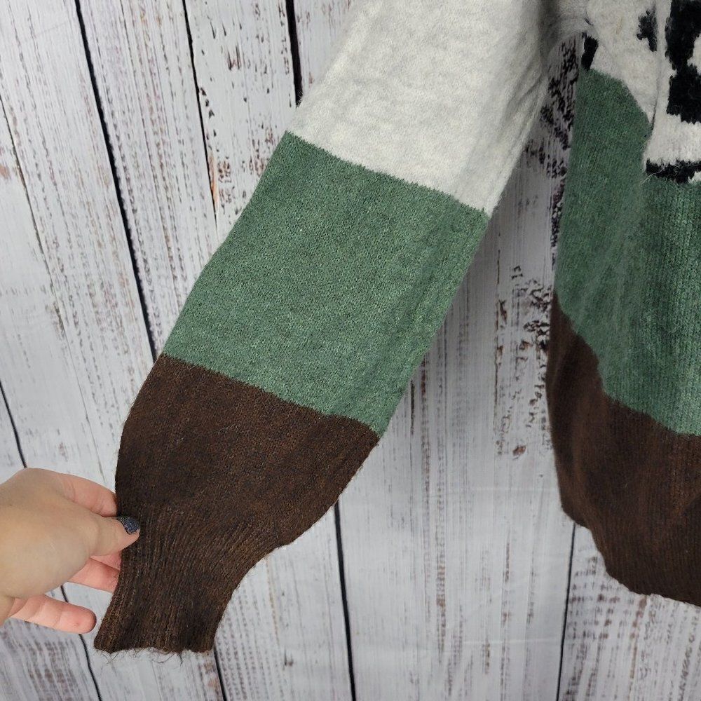 P.S. Love M/L Fuzzy Loose Fit Striped Color Block Cheetah Animal Print Sweater - Picture 3 of 7